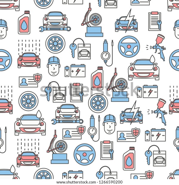 Pattern with car service, auto shop repair and\
maintenance symbols. Thin line art flat style design auto service\
background,\
wallpaper.