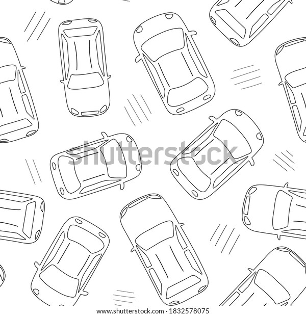 Pattern with cars outline. Top view on cars\
driving on the road. Perfect for driving courses, wrapping or web\
design. Flat\
Illustration.