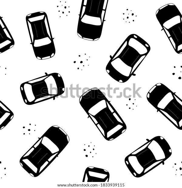 Pattern with cars silhouette. Top view on\
cars driving on the road. Perfect for driving courses, wrapping or\
web design. Flat\
Illustration.