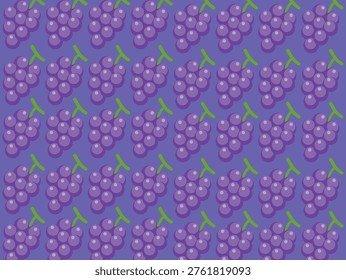 Pattern of cartoon grape clusters with green stems on a purple background. Each cluster consists of several round, purple grapes, arranged in neat, diagonal rows across the image. The simple, repetitive design creates a seamless visual effect, ideal for use in decorative or textile applications.
