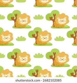 A pattern of cartoon lions is sitting under a tree