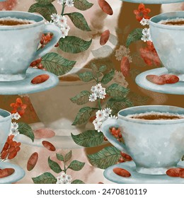 Pattern with coffee cups, leaves, and flowers, perfect for creating a calming design - Powered by Shutterstock