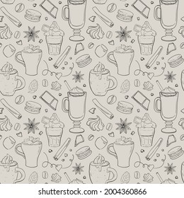 Pattern with coffee linear elements for cafe. Background with cappuccino, latte, americano, macaroon, marshmallow, bean, cinnamon. Sketch hand-drawn element for cafe, menu, coffeehouse.