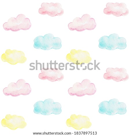Pattern colored clouds; watercolor hand draw illustration; with white isolated background