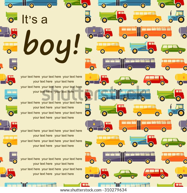 Pattern with colorful flat car icons and place for\
text. Baby greeting\
card.