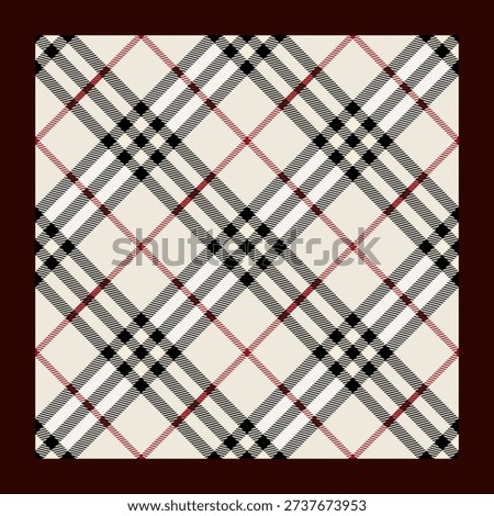 The pattern is composed of a grid of diagonal lines, with broad black and white stripes crossing over the beige background. Finer, dashed red lines run parallel to some of the main stripes, adding a distinct accent. This specific check pattern is iconic and widely recognized as the signature design of the luxury brand Burberry, frequently used on their scarves and other accessories. 