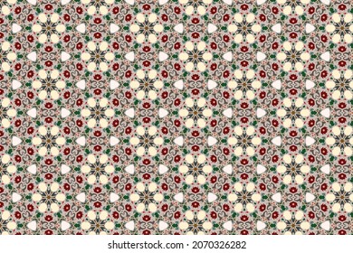 A Pattern Composition With Many Artistic Attention Points In The Form Of Fine Decorative Elements Is Colorized In Flat Color To Make Into A Unified Surface Design 
