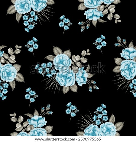 The pattern consists of light teal blue roses and small clusters of similar-colored, smaller flowers The roses are rendered with detail, showing subtle shading and petal textures. 