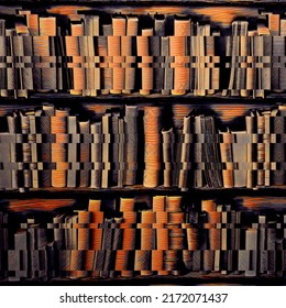 pattern and creative design in metallic gold bronze orange and shades of brown inspired shelves of antique books