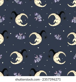Pattern and Crescent moon character and witch face  hat  spider   spider web  bats   stars  Halloween watercolor  hand drawn endless texture in cartoon style 