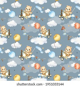 pattern with cute bears on airplanes in the sky, watercolor pattern of bear in the clouds