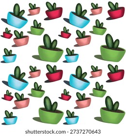 A pattern of cute cactus pots in bright colors and various sizes on a white background, illustration.