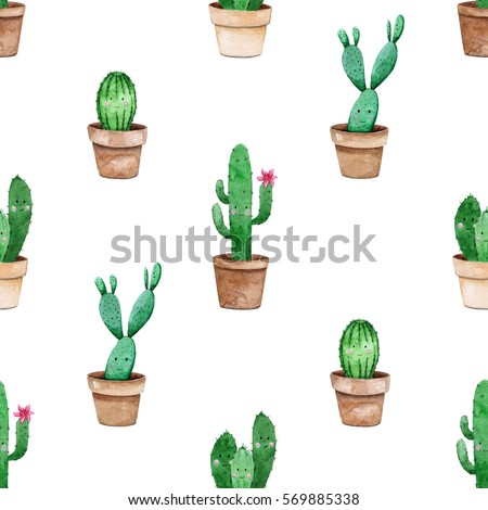 Pattern Cute Cactus Watercolor Hand Painted Stockillustration 569885338