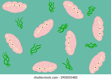 Pattern Of Cute Cartoon Hand-drawing Shellfish With Sea Weed Green Background