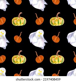 pattern cute little ghost   pumpkin  Hand drawn watercolor halloween symbol  Isolated black  Magic autumn illustration  Perfect for card design  invitation  scrapbooking  fabric printing