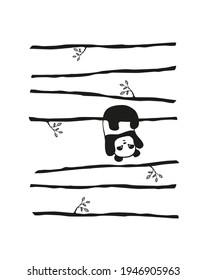 Pattern cute little Panda bear hanging on a branch,on striped background.Typography for abstract printing T-shirts.