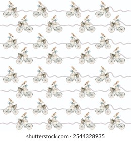 Pattern of cyclists riding bicycles with backpacks on a light background in a rhythmic layout - Powered by Shutterstock