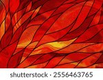 Pattern of dark red Stained glass as background with multicolor petals of stained glass. Red hot fire pattern. Abstract colorful background. Concept of fire, flames, blaze, sun, heat, horror,mystery.