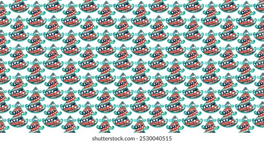 A pattern of decorative Christmas trees, regularly repeating in a checkerboard pattern. Christmas trees are filled with geometric ornaments of different colors. Watercolor. White background. Wrapping.