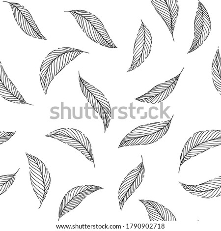 A pattern of decorative elements made of tree leaves. Hand ink drawing.