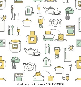 Pattern with decorative kitchen appliances and cooking symbols, icons. Kitchen background, wrapping paper texture thin line art flat style design.