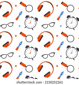 Pattern With Distance Learning Elements: Headphones, Clock, Magnifying Glass, Pen, Glasses