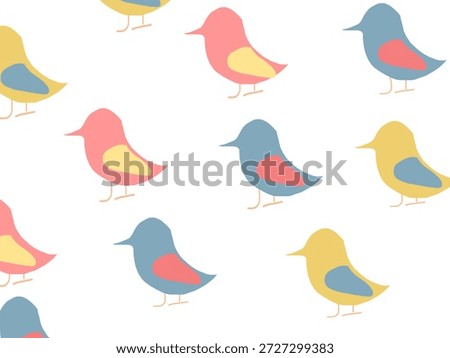 Pattern of faceless bird illustrations with soft muted colors, flat minimalist design, airy and playful mood, ideal for wrapping paper and decor 