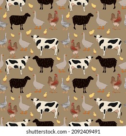 Pattern with farm animals. Pig, rooster, goose, horse, cow, lamb, sheep, hen, chick. Poster. Illustration. Seamless. Fabric.