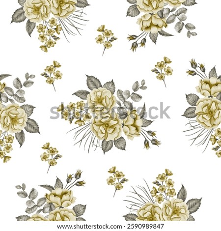 The pattern features bouquets of light yellowish-tan roses, interspersed with small clusters of similar-toned smaller flowers and greyish-gray eucalyptus-like leaves and stems. 