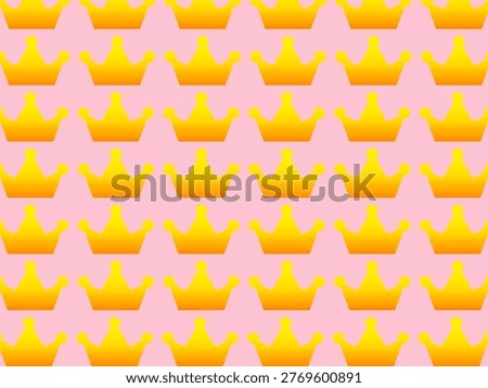 Pattern features repetitive golden crowns on a pastel pink background.
