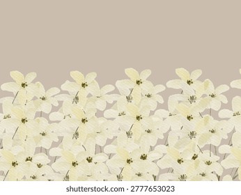 A pattern features stylized beige flowers with greenish-brown centers against a plain taupe background. The floral design showcases multiple overlapping flowers with rounded petals, arranged in a dense, horizontal band. The use of subtle colors and watercolor-like texture gives the pattern a soft, elegant appearance. The simplicity of the background enhances the delicate intricacy of the floral elements, making the design suitable for decorative purposes such as wallpaper or fabric.
