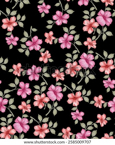 The pattern features various shades of pink and coral-colored flowers on a black background The flowers have detailed, slightly textured petals, giving them a realistic, almost painted appearance.