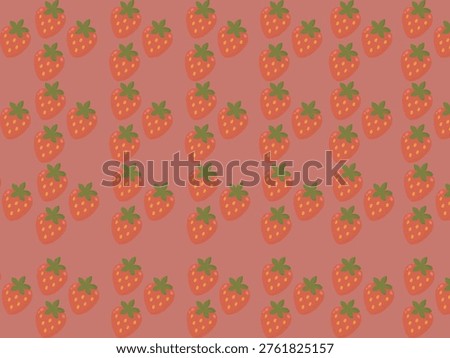 Pattern featuring cartoon strawberries with green leaves and yellow seeds on a pink background. The strawberries are evenly spaced and aligned diagonally, creating a playful and colorful design suitable for textiles or backgrounds.
