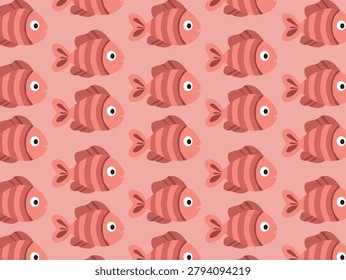 Pattern featuring cartoon-style fish with alternating light and dark pink stripes against a muted pink background. Each fish is depicted with a prominent circular eye and a small fin and tail. The fish are uniformly arranged in horizontal and vertical alignment, creating a seamless, repetitive design. The flat, simplistic art style suggests a playful and whimsical theme suitable for textiles or wallpapers.
