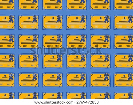 Pattern featuring multiple illustrations of certificates on a blue background. Each certificate is depicted as a yellow rectangle with a blue ribbon on the upper right corner. The design includes stylized lines and dots representing text and seal. The repetitive arrangement creates a uniform grid, emphasizing the theme of achievement or recognition.

