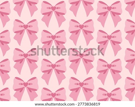 Pattern featuring pink bows on a light pink background. Each bow includes a heart at the knot center, with symmetrical loops and tails. The arrangement is uniform, creating a repeated motif that covers the entire surface. The design is simple and cartoon-like, suitable for decorative or fabric purposes.