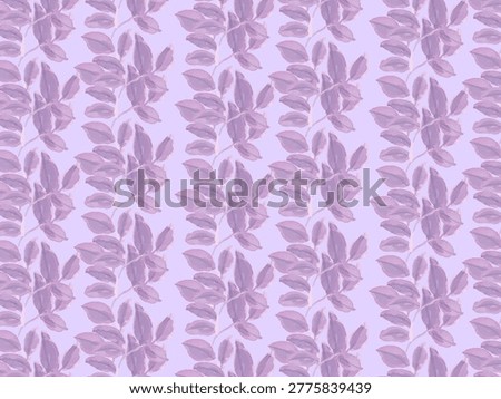 Pattern featuring repeated leaf motifs in shades of purple on a light lavender background. The leaves appear hand-painted with a watercolor texture, creating a soft and organic look. Each cluster consists of multiple leaves, aligned in uniform rows. The symmetrical arrangement gives the pattern a seamless appearance, ideal for wallpaper or fabric design. The use of tonal variations in purple adds depth and intricacy to the overall design.
