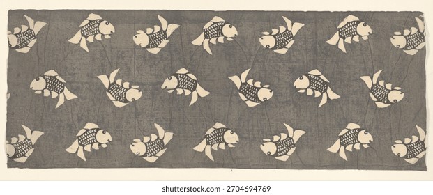 Pattern of fish, fish swimming in a repeating pattern. Gray background, fish design motif, aquatic theme, fish pattern. Vintage artwork, old illustration beautiful pattern.
