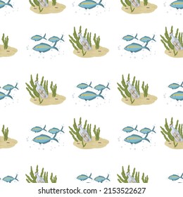 Pattern Flock Of Turquoise Fish With A Yellow Stripe And Green Algae Card In A Bottle On The Seabed