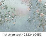 pattern floral mural wallpaper with a light simple background. branches of flowers landscape blue background art for wall home decor.