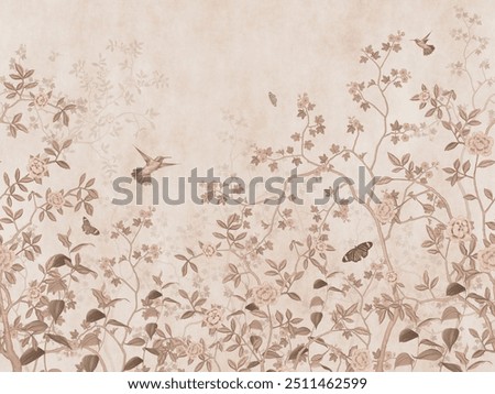 pattern forest style wallpaper flowers trees, plants, birds, butterflies and beige background.