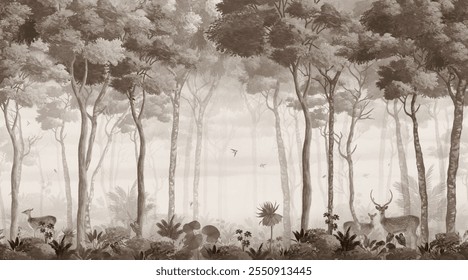 pattern forest trees wallpaper with plants dear, birds, butterflies vintage background 