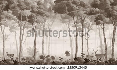 pattern forest trees wallpaper with plants dear, birds, butterflies vintage background 