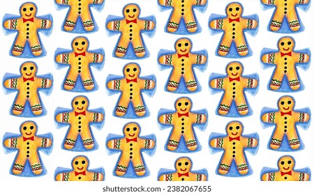 Pattern of gingerbread men making snow angels on a white background. Drawing with colored pencils. Gingerbread of various orange and yellow shades. Decor from red, green, black glaze. Bow tie, smile.