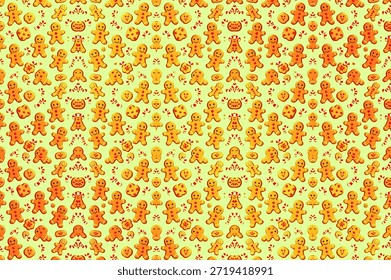 Pattern of gingerbread men on yellow background featuring cheerful holiday cookies playful design and bright festive seasonal illustration