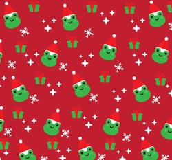 Pattern Green Christmas Frogs With Gifts And Snowflakes On Red Background