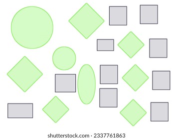 pattern of green circles, squares and rhombuses on a white background
