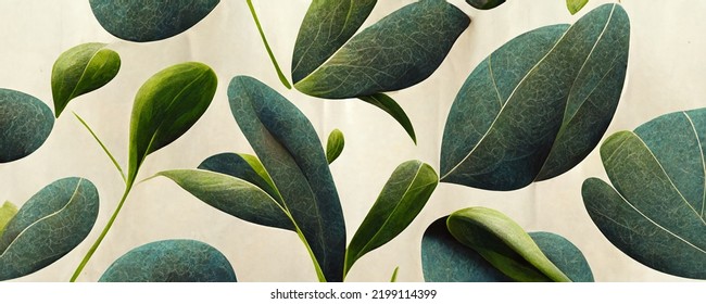 Pattern Of Green Leaves On A Plain Simplistic Background. Vegetation Wallpaper, Texture For Trees And Bushes