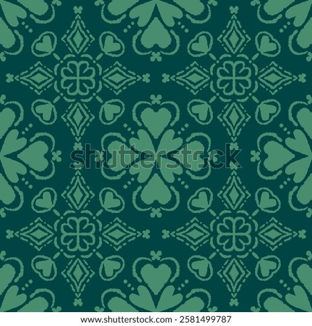 Pattern in green tones It has a pattern in the middle that resembles a four-leaf clover or a cross. It has elements in the shape of hearts and diamonds. The design is repeated in a symmetrical manner.