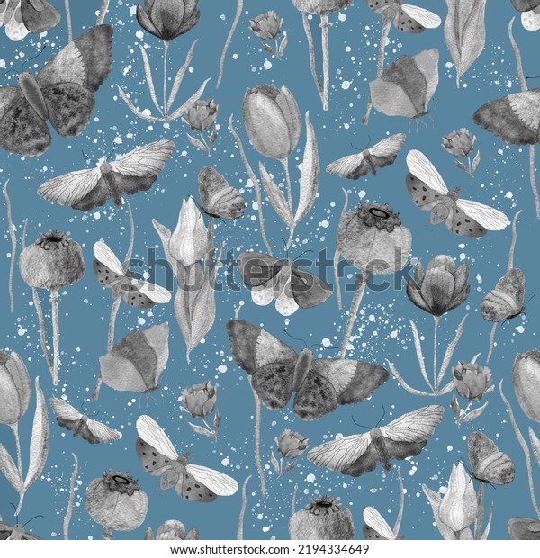 Pattern with grey and white butterflies, moth and flowers. Endless texture on blue background. Print for textile, wallpaper, scrapbook, background. 